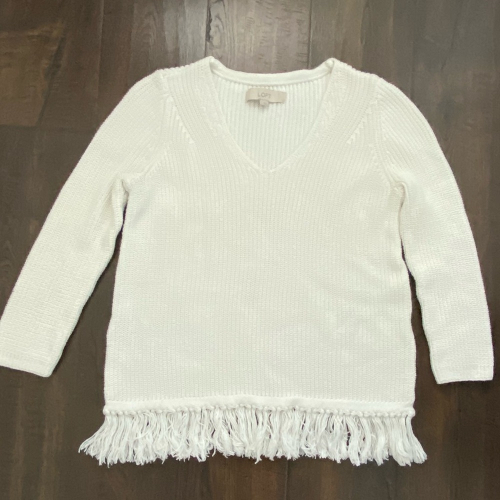 LOFT White V-Neck Sweater with Fringe Boho Cotton Natural Fiber Capsule Wardrobe